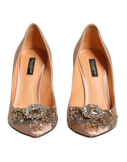 Dolce & Gabbana Beige Satin Crystal High Heels Pumps Shoes - SMARTMARTNZ