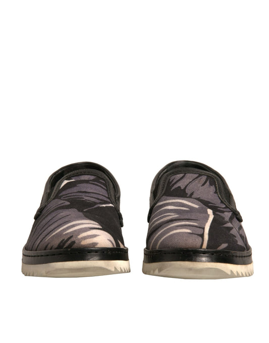 Dolce & Gabbana Black Canvas Tropical Print Slip On Shoes - SMARTMARTNZ
