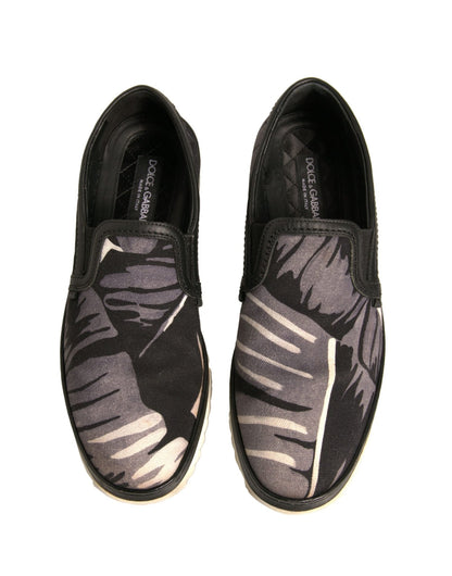 Dolce & Gabbana Black Canvas Tropical Print Slip On Shoes - SMARTMARTNZ
