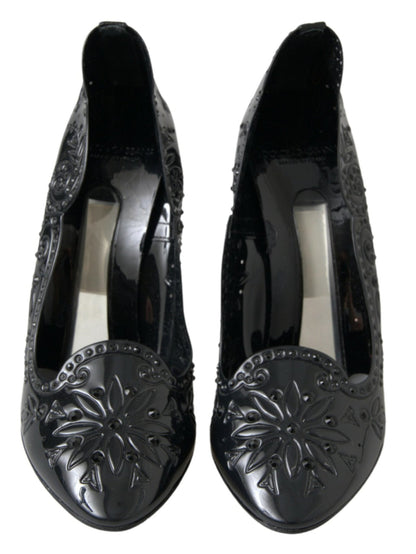 Dolce & Gabbana Black CINDERELLA Floral Crystal Heels Shoes - SMARTMARTNZ