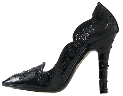 Dolce & Gabbana Black CINDERELLA Floral Crystal Heels Shoes - SMARTMARTNZ