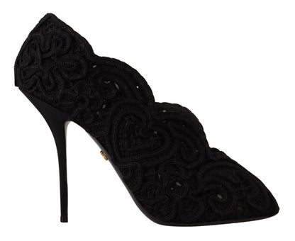 Dolce & Gabbana Black Cordonetto Ricamo Pump Open Toe Shoes - SMARTMARTNZ
