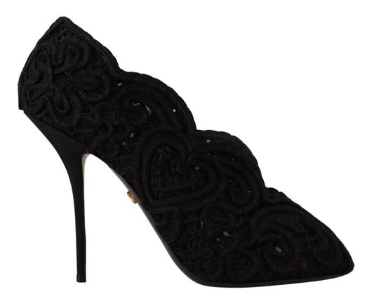 Dolce & Gabbana Black Cordonetto Ricamo Pump Open Toe Shoes - SMARTMARTNZ