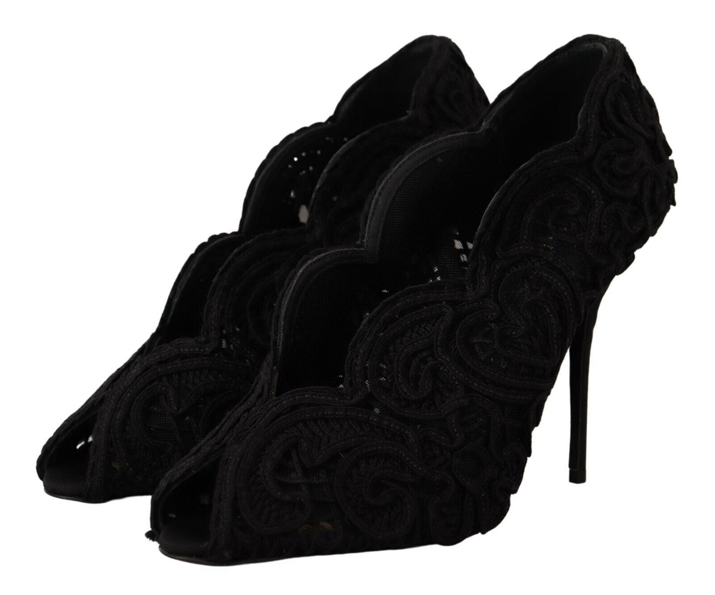 Dolce & Gabbana Black Cordonetto Ricamo Pump Open Toe Shoes - SMARTMARTNZ