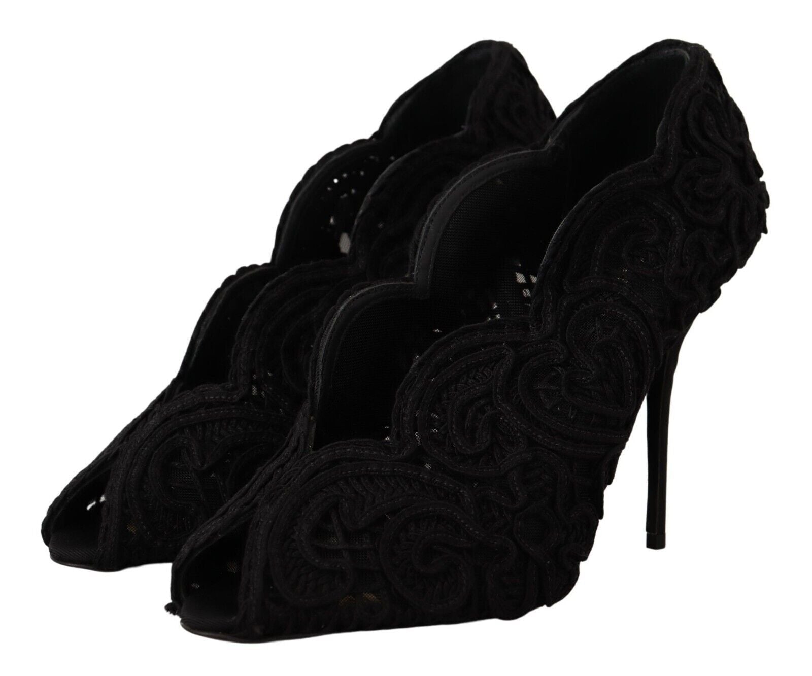 Dolce & Gabbana Black Cordonetto Ricamo Pump Open Toe Shoes - SMARTMARTNZ