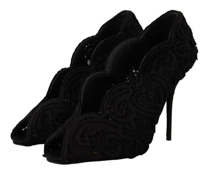 Dolce & Gabbana Black Cordonetto Ricamo Pump Open Toe Shoes - SMARTMARTNZ