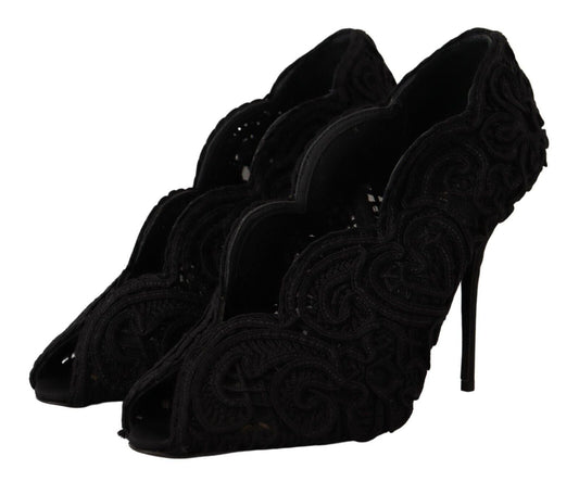 Dolce & Gabbana Black Cordonetto Ricamo Pump Open Toe Shoes - SMARTMARTNZ