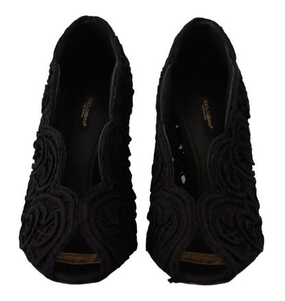 Dolce & Gabbana Black Cordonetto Ricamo Pump Open Toe Shoes - SMARTMARTNZ