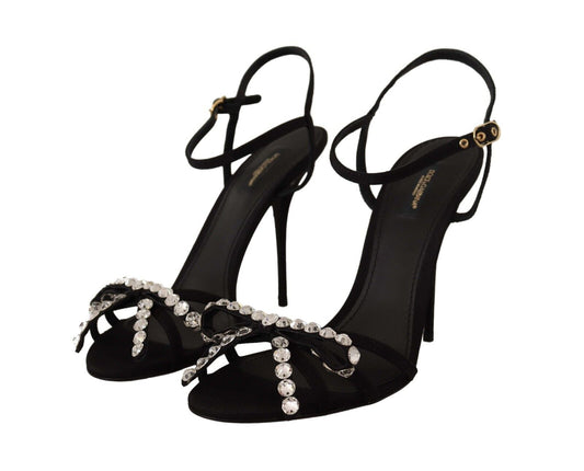 Dolce & Gabbana Black Crystals Ankle Strap Heels Sandals Shoes - SMARTMARTNZ