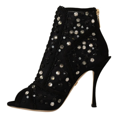 Dolce & Gabbana Black Crystals Heels Zipper Short Boots Shoes - SMARTMARTNZ