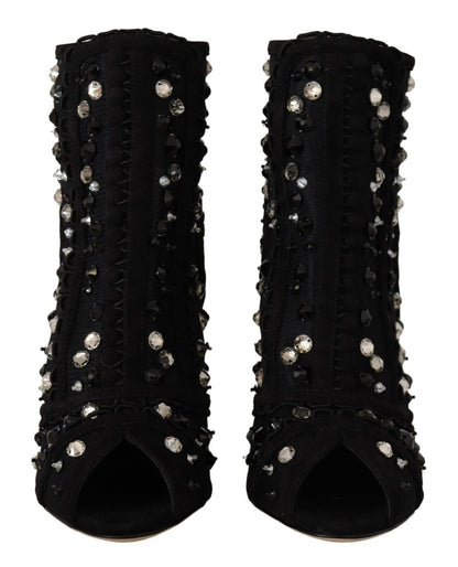 Dolce & Gabbana Black Crystals Heels Zipper Short Boots Shoes - SMARTMARTNZ
