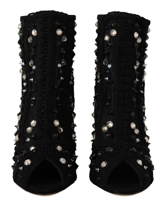 Dolce & Gabbana Black Crystals Heels Zipper Short Boots Shoes - SMARTMARTNZ