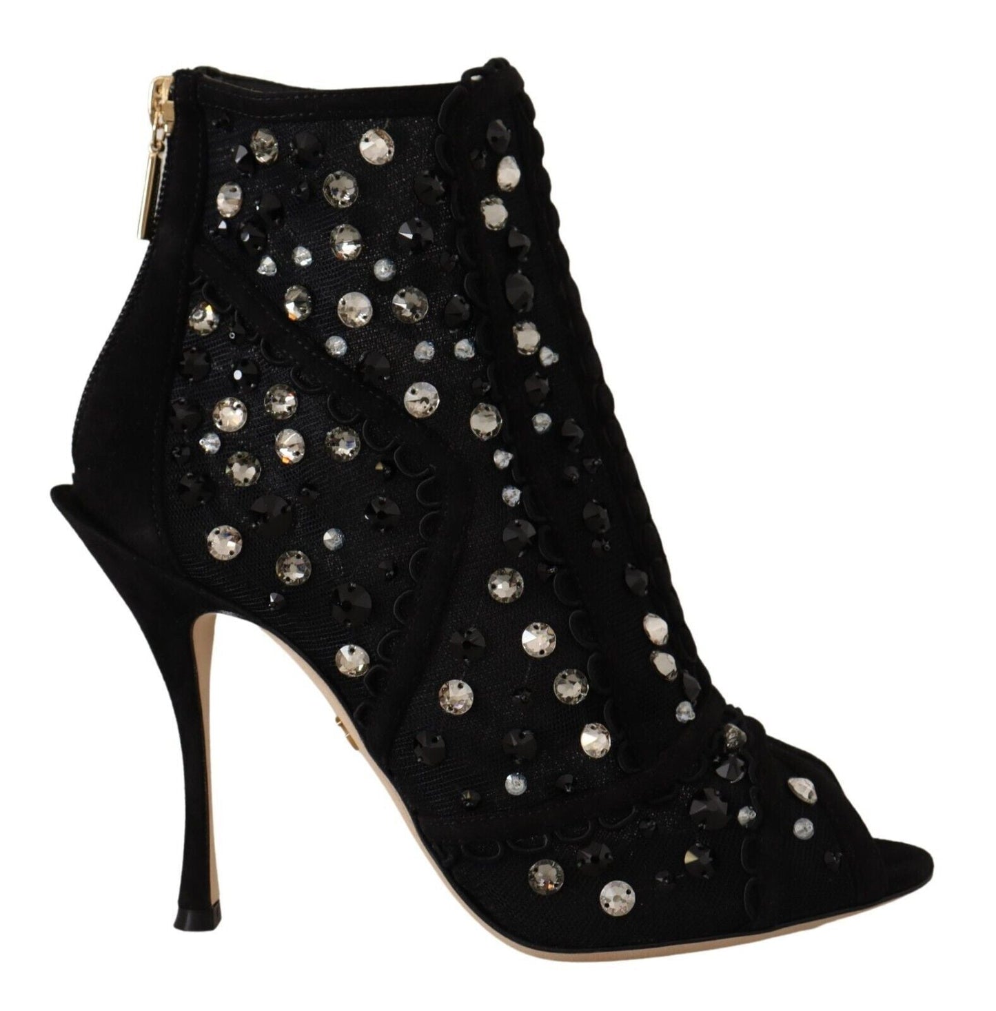 Dolce & Gabbana Black Crystals Heels Zipper Short Boots Shoes - SMARTMARTNZ