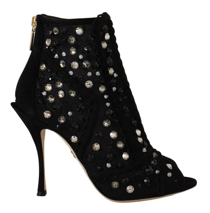 Dolce & Gabbana Black Crystals Heels Zipper Short Boots Shoes - SMARTMARTNZ