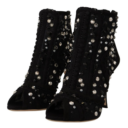 Dolce & Gabbana Black Crystals Heels Zipper Short Boots Shoes - SMARTMARTNZ