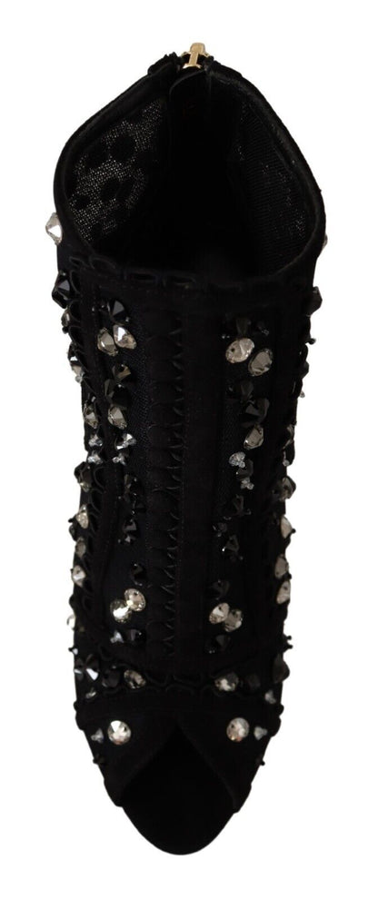 Dolce & Gabbana Black Crystals Heels Zipper Short Boots Shoes - SMARTMARTNZ