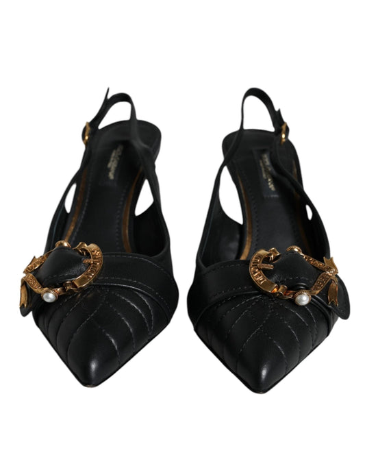 Dolce & Gabbana Black Devotion Leather Heels Slingback Shoes - SMARTMARTNZ