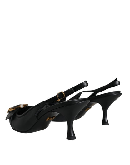 Dolce & Gabbana Black Devotion Leather Heels Slingback Shoes - SMARTMARTNZ