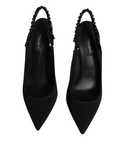 Dolce & Gabbana Black Embellished Charmeuse Slingback Shoes - SMARTMARTNZ