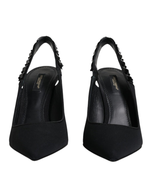 Dolce & Gabbana Black Embellished Charmeuse Slingback Shoes - SMARTMARTNZ