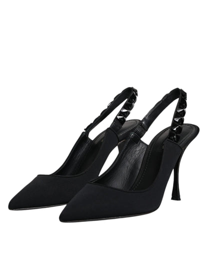 Dolce & Gabbana Black Embellished Charmeuse Slingback Shoes - SMARTMARTNZ