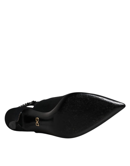 Dolce & Gabbana Black Embellished Charmeuse Slingback Shoes - SMARTMARTNZ