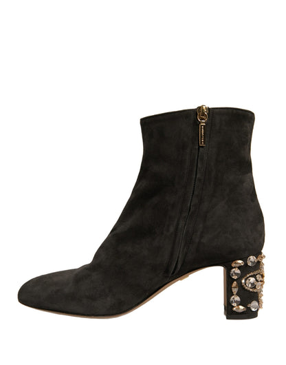 Dolce & Gabbana Black Embellished Heel Ankle Boots Shoes - SMARTMARTNZ