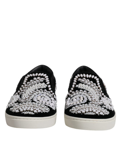 Dolce & Gabbana Black Embellished London Men Slip On Shoes - SMARTMARTNZ