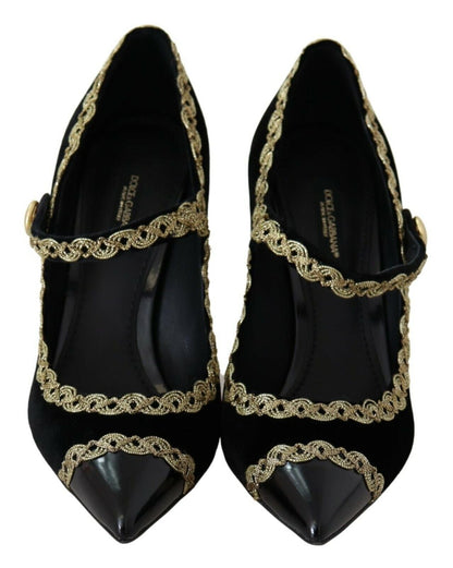 Dolce & Gabbana Black Embellished Velvet Mary Jane Pumps Shoes - SMARTMARTNZ