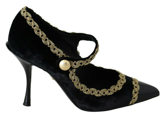 Dolce & Gabbana Black Embellished Velvet Mary Jane Pumps Shoes - SMARTMARTNZ