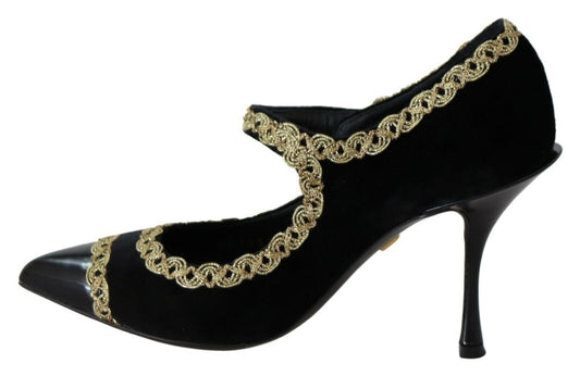 Dolce & Gabbana Black Embellished Velvet Mary Jane Pumps Shoes - SMARTMARTNZ