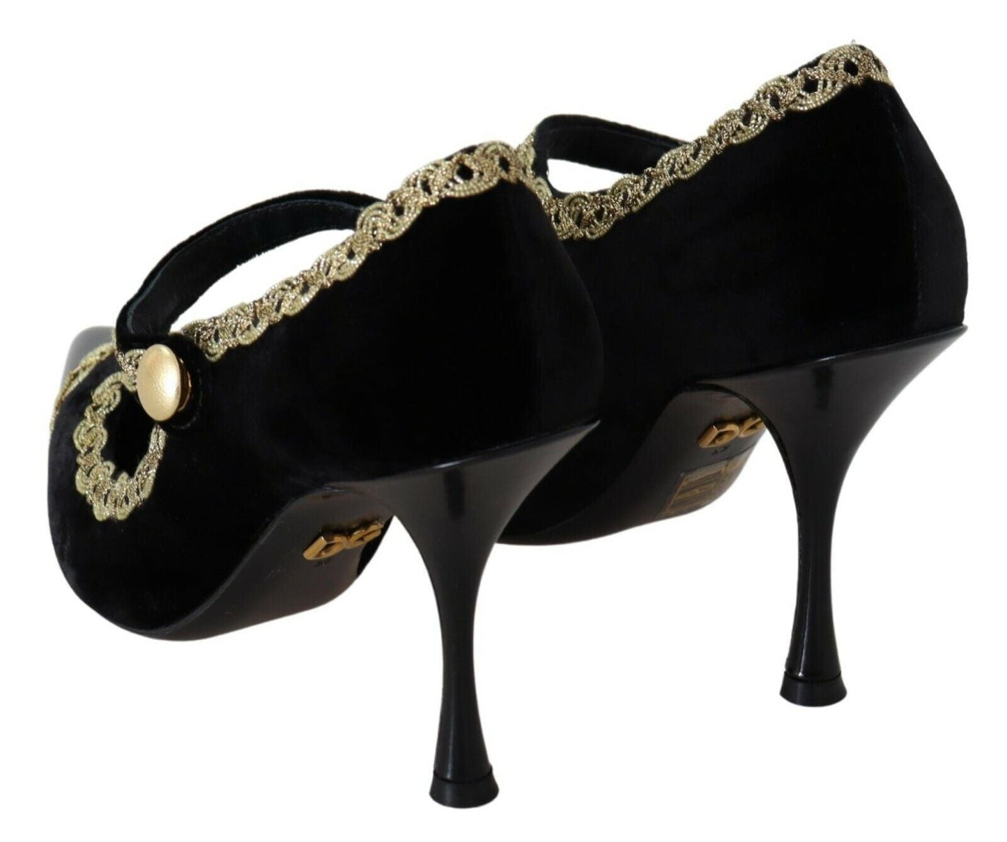 Dolce & Gabbana Black Embellished Velvet Mary Jane Pumps Shoes - SMARTMARTNZ