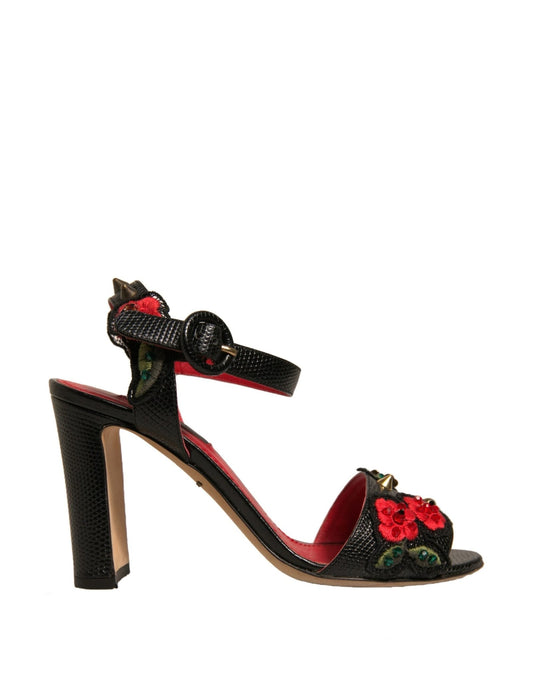 Dolce & Gabbana Black Embossed Carnation Heeled Sandals Shoes - SMARTMARTNZ