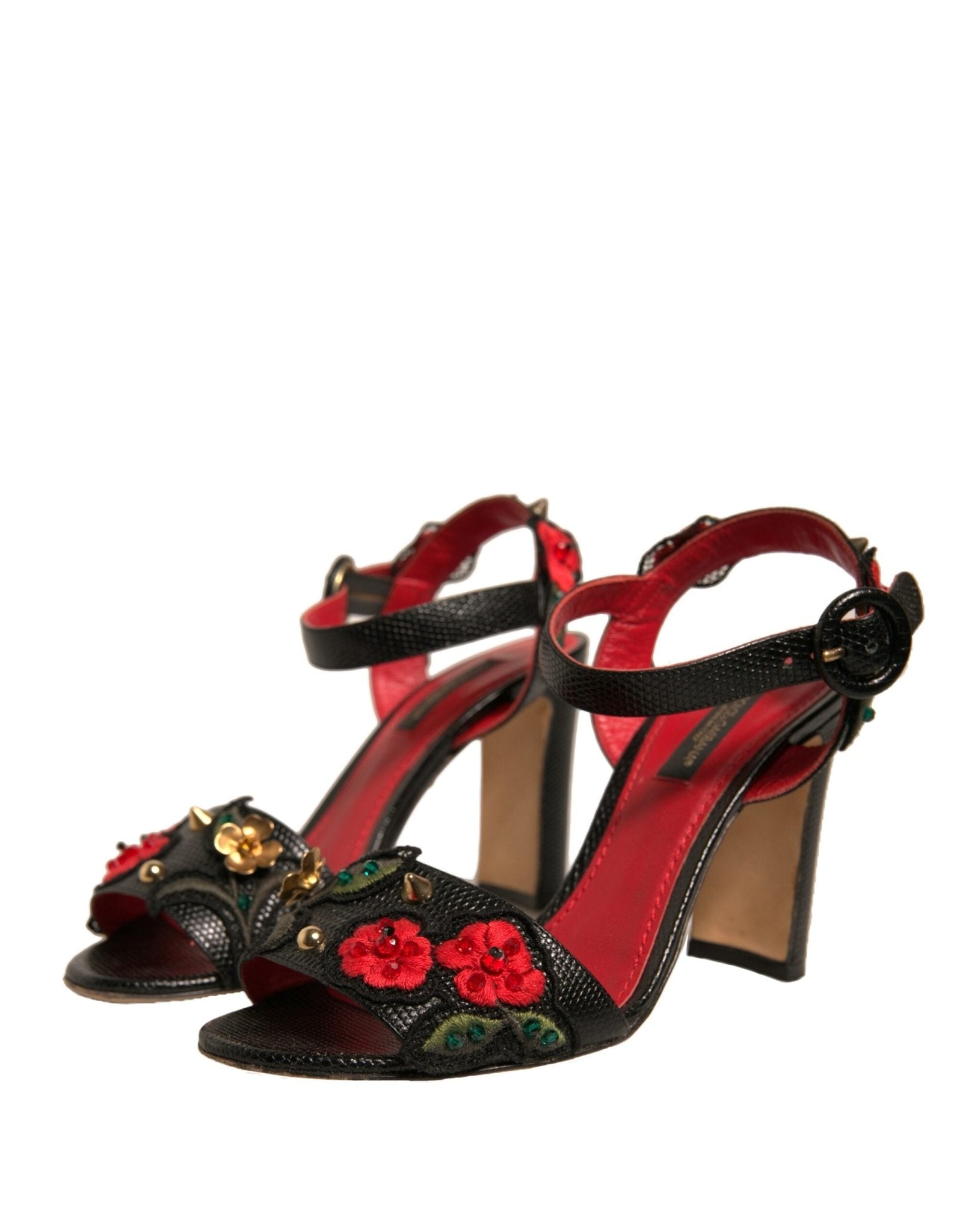 Dolce & Gabbana Black Embossed Carnation Heeled Sandals Shoes - SMARTMARTNZ