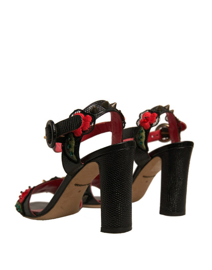 Dolce & Gabbana Black Embossed Carnation Heeled Sandals Shoes - SMARTMARTNZ