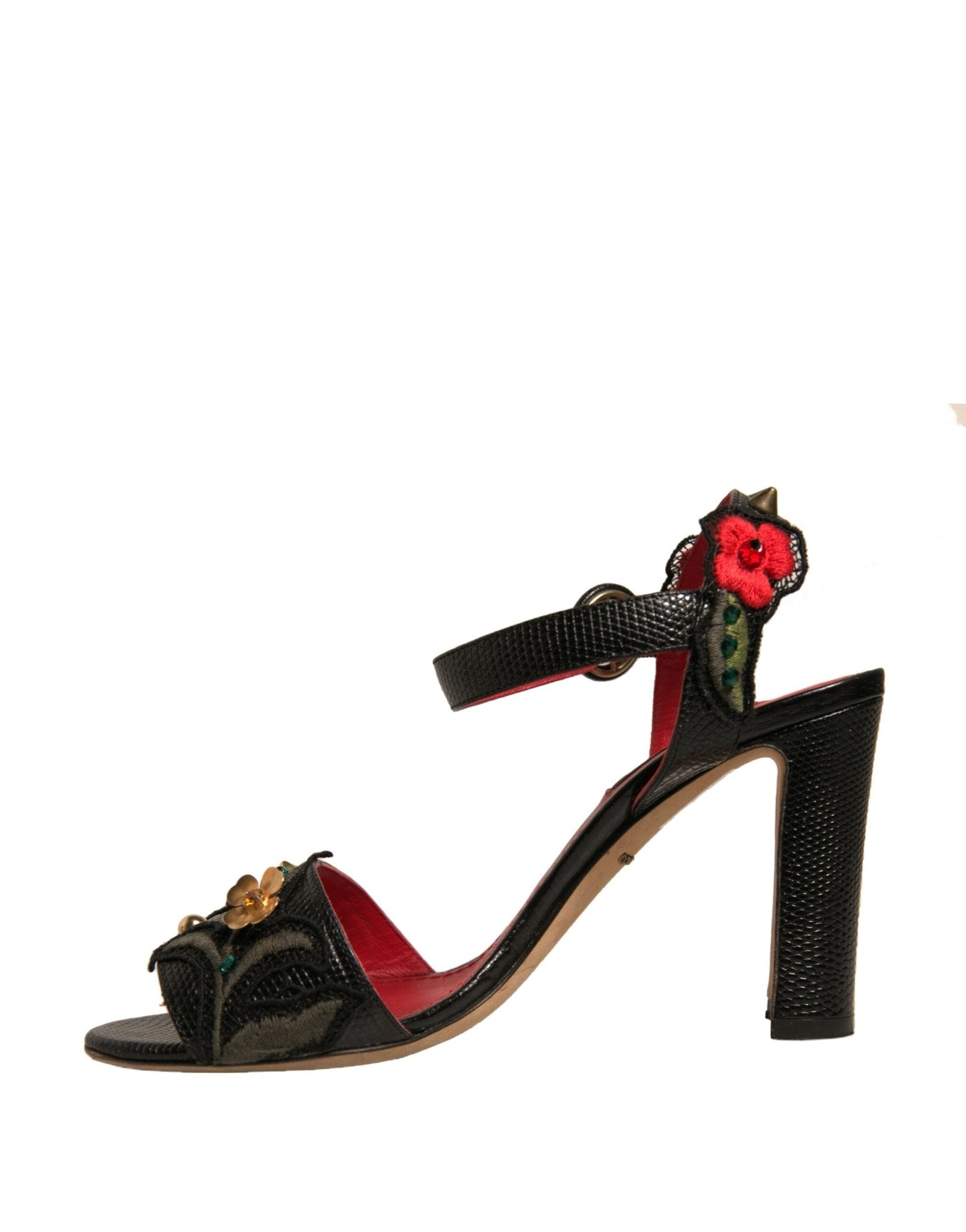 Dolce & Gabbana Black Embossed Carnation Heeled Sandals Shoes - SMARTMARTNZ