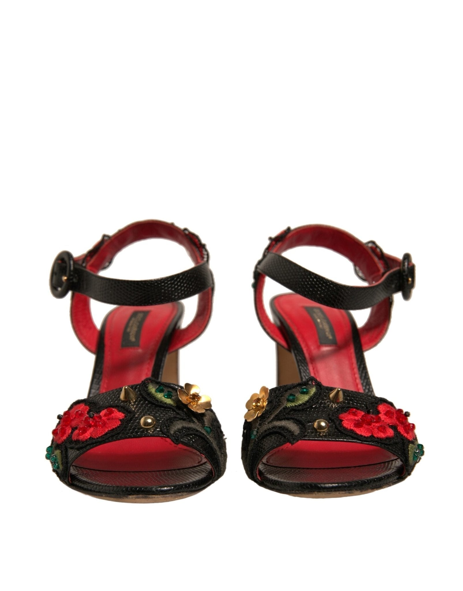 Dolce & Gabbana Black Embossed Carnation Heeled Sandals Shoes - SMARTMARTNZ