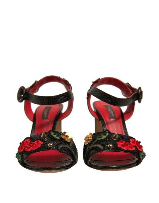 Dolce & Gabbana Black Embossed Carnation Heeled Sandals Shoes - SMARTMARTNZ