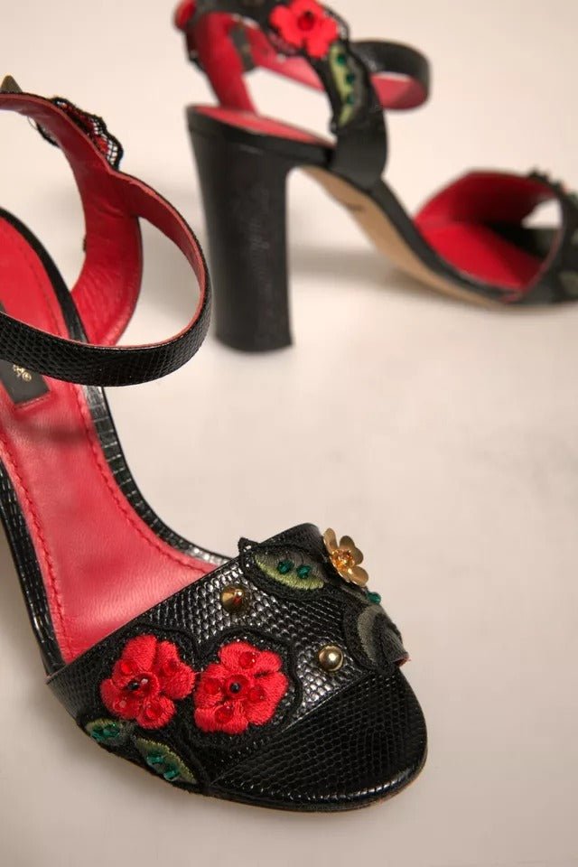 Dolce & Gabbana Black Embossed Carnation Heeled Sandals Shoes - SMARTMARTNZ