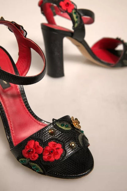 Dolce & Gabbana Black Embossed Carnation Heeled Sandals Shoes - SMARTMARTNZ