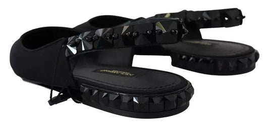 Dolce & Gabbana Black Flats Crystal Slingback Charmeuse Shoes - SMARTMARTNZ