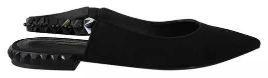 Dolce & Gabbana Black Flats Crystal Slingback Charmeuse Shoes - SMARTMARTNZ