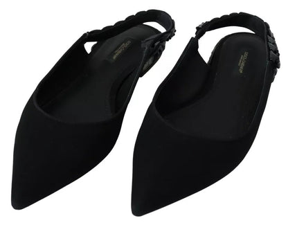 Dolce & Gabbana Black Flats Crystal Slingback Charmeuse Shoes - SMARTMARTNZ