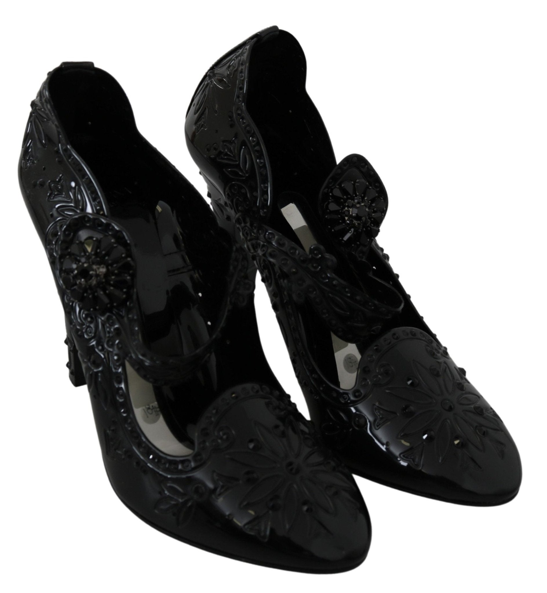 Dolce & Gabbana Black Floral Crystal CINDERELLA Heels Shoes - SMARTMARTNZ