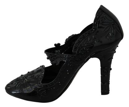Dolce & Gabbana Black Floral Crystal CINDERELLA Heels Shoes - SMARTMARTNZ
