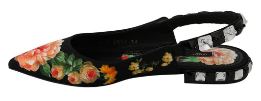Dolce & Gabbana Black Floral Crystal Slingbacks Flats Shoes - SMARTMARTNZ
