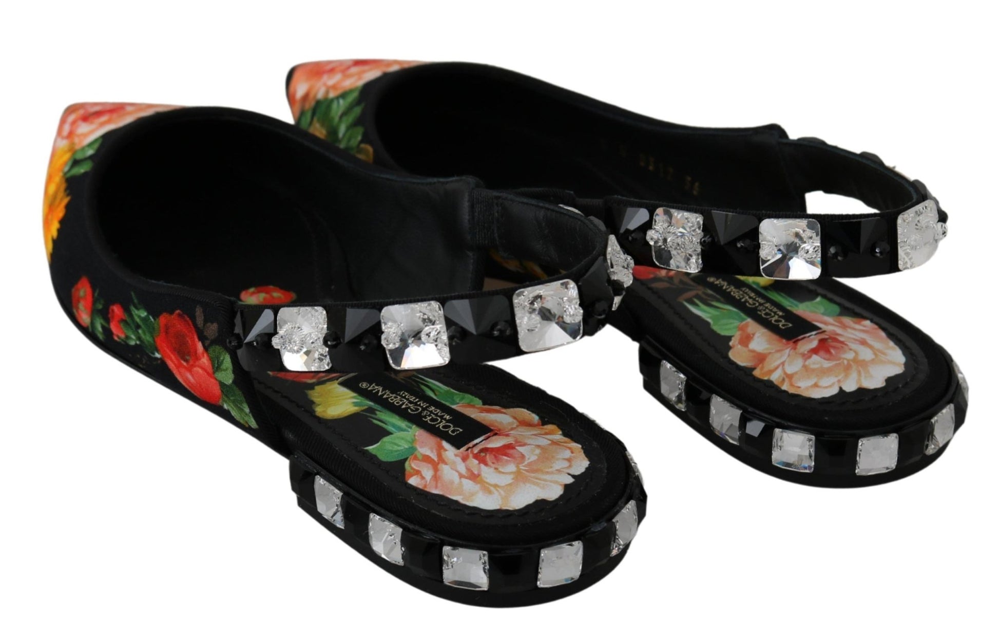 Dolce & Gabbana Black Floral Crystal Slingbacks Flats Shoes - SMARTMARTNZ