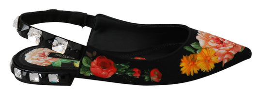 Dolce & Gabbana Black Floral Crystal Slingbacks Flats Shoes - SMARTMARTNZ