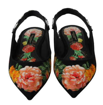 Dolce & Gabbana Black Floral Crystal Slingbacks Flats Shoes - SMARTMARTNZ