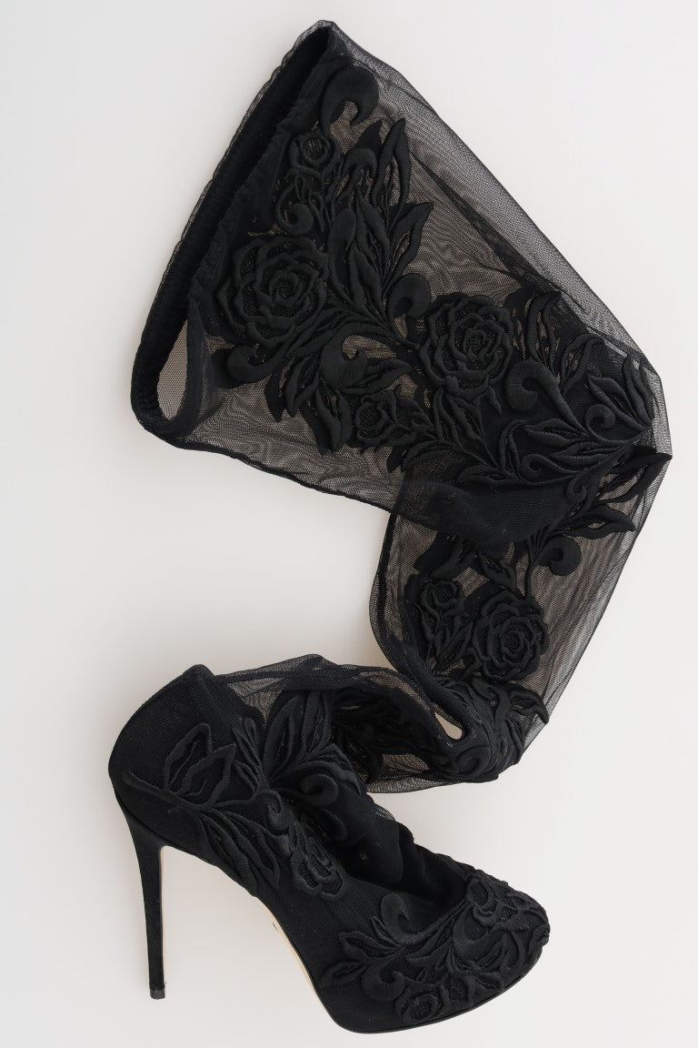Dolce & Gabbana Black Floral Embroidered Socks Boots - SMARTMARTNZ
